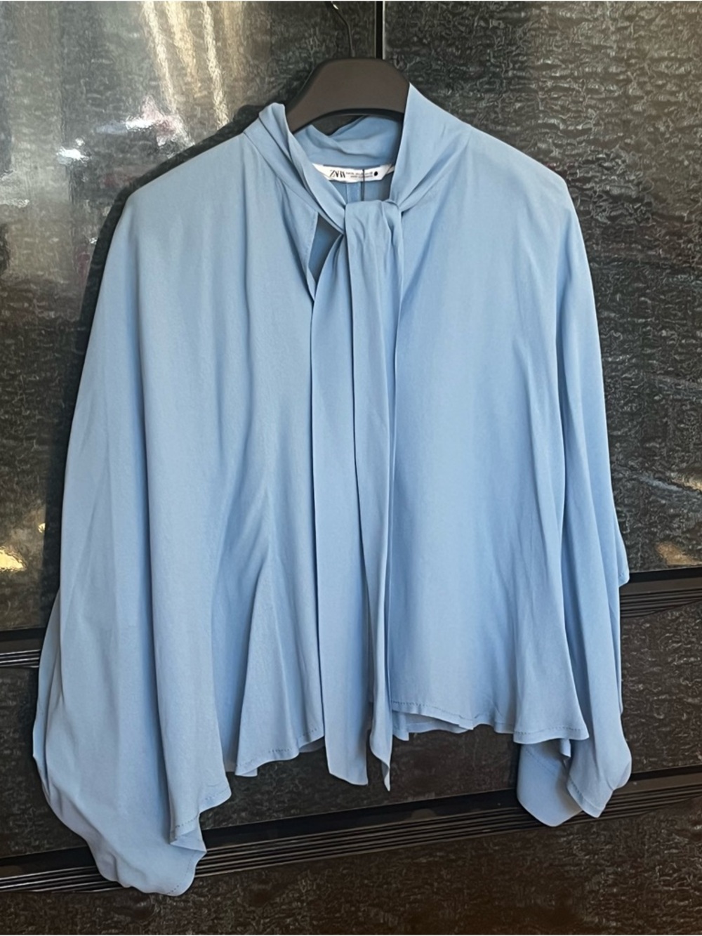 Zara Sky Blue Tie-Neck Flowing Blouse